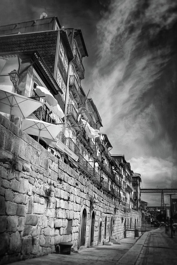 Ribeira District of Porto Portugal Black and White Photograph by Carol Japp