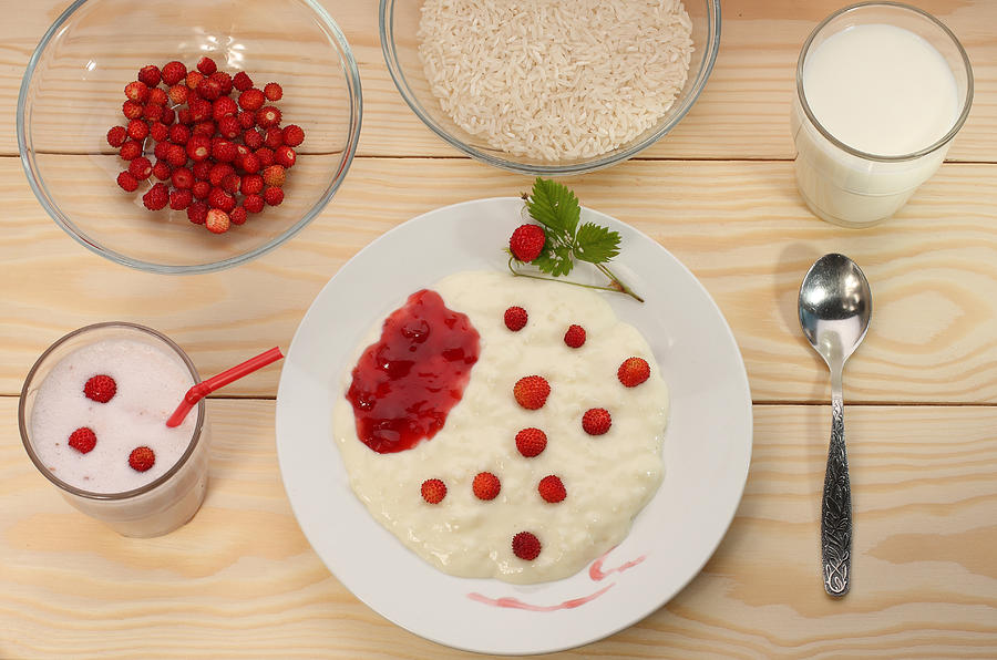 Rice milk porridge with wild strawberries,smoothie, ingredients Photograph by PatrikSlezak