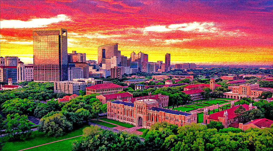 Rice University campus with the Texas Medical Center seen in the distance at sunset, in Houston Digital Art by Nicko Prints