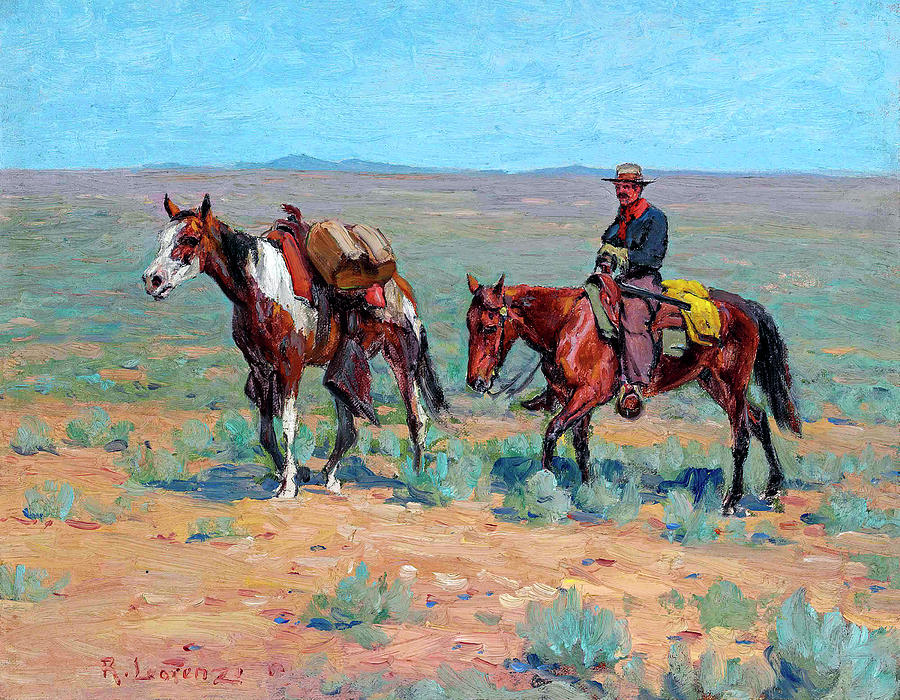 Richard Lorenz 1858 1915 Mounted Cowboy and Pack Horse Painting by ...