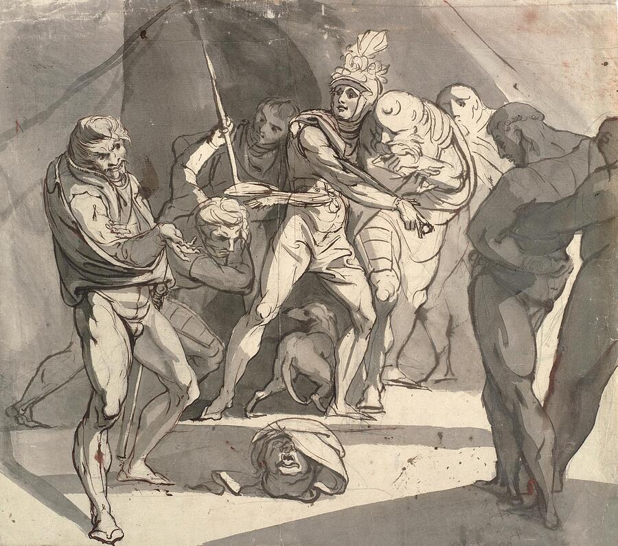 Sketch Painting - Richard Plantagenet throws the severed head of the duke of Somerset at the feet of his father Illust by Henry Fuseli Swiss
