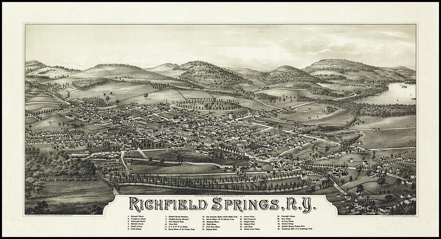 Richfield Springs New York Vintage Map Birds Eye View 1885 Photograph ...