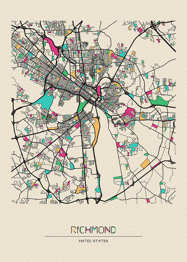 Memento Movie Drawing - Richmond, Virginia City Map by Inspirowl Design