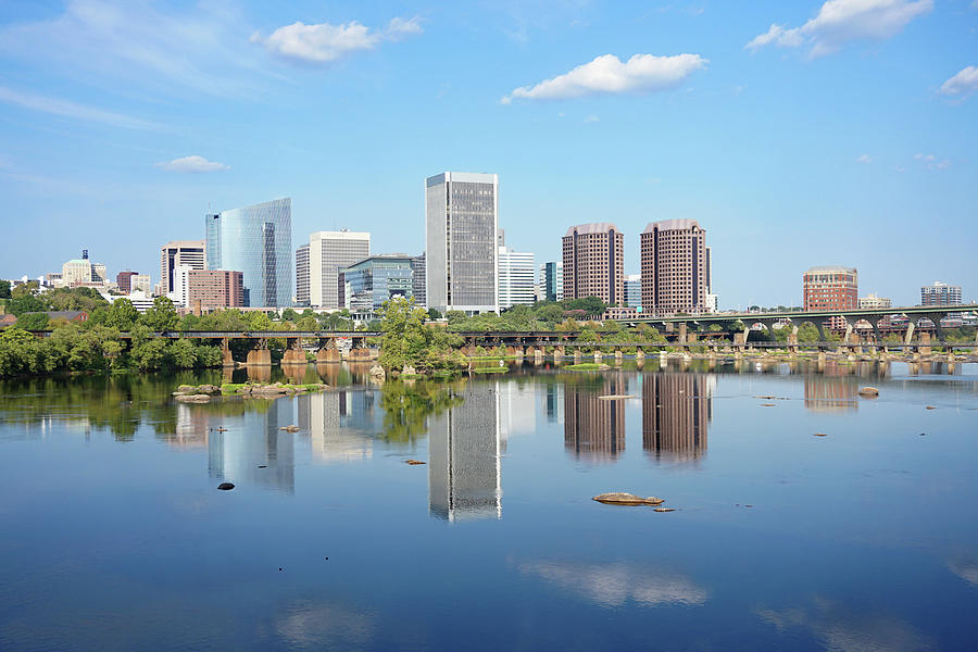 Richmond Virginia skyline reflecting in the James river Photograph by ...