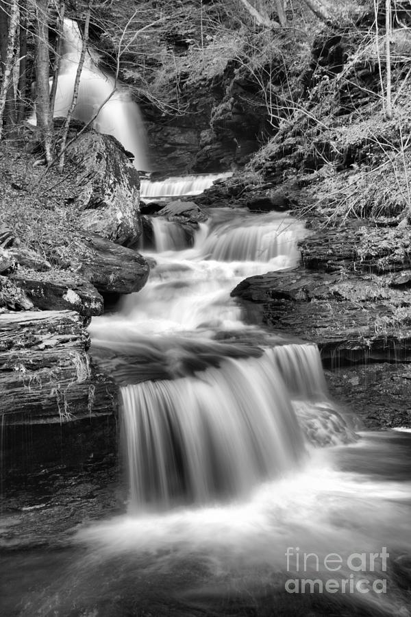 Waterfall Photograph - Ricketts Glen Fall Cascades Black And White by Adam Jewell