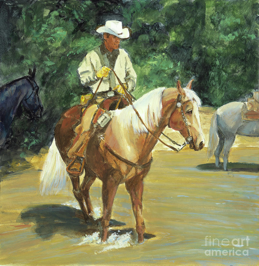 Trail Ride Painting - Rider on Palomino in River by Don Langeneckert