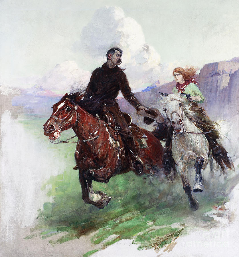 Riding Hard with Two Shooters, 1919 Painting by Frank Tenney Johnson
