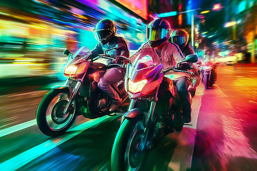 Riding Motorcycles In The City At Night Digital Art By Jim Brey Fine