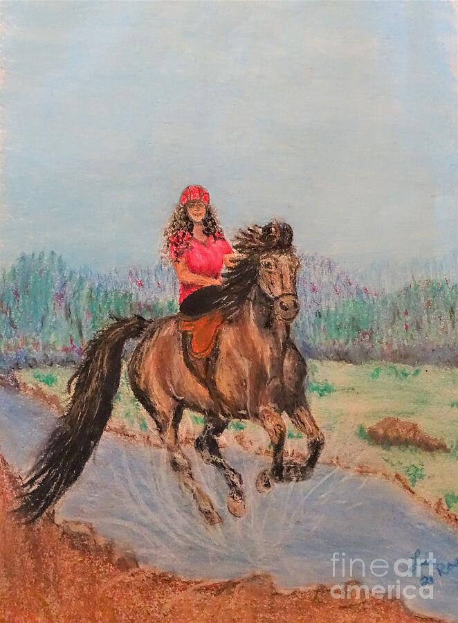 Riding sidesaddle through Spring run off Drawing by Lisa Rose Musselwhite