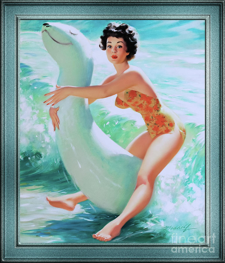 Riding The Waves by Bill Medcalf Vintage Pin-Up Girl Art Painting by Rolando Burbon