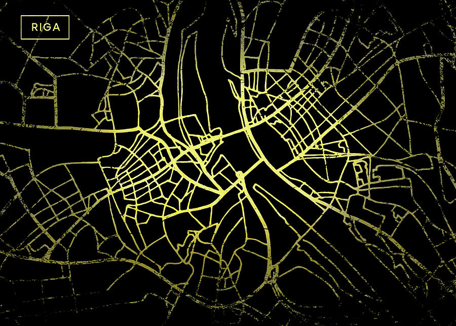Riga Map in Gold and Black Digital Art by Sambel Pedes