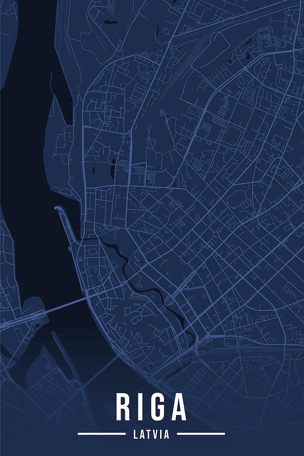 Riga Map Latvia Night Blue Aesthetic Minimalistic Digital Art by ...