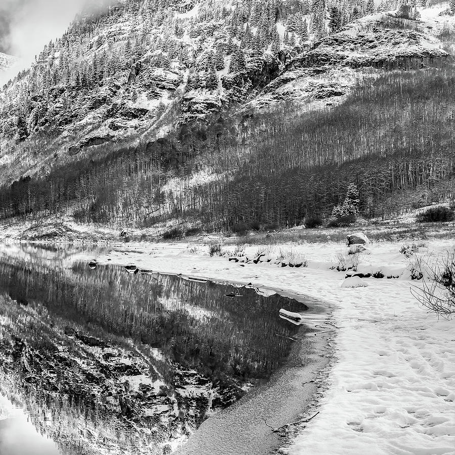 Black And White Photograph - Right Panel 3 of 3 - Maroon Bells Mountain Landscape Panoramic BW - Aspen Colorado by Gregory Ballos