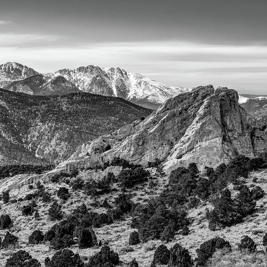 Colorado Springs Photograph - Right Panel 3 of 3 - Pikes Peak Panoramic Mountain Landscape with Garden of the Gods In Monochrome by Gregory Ballos