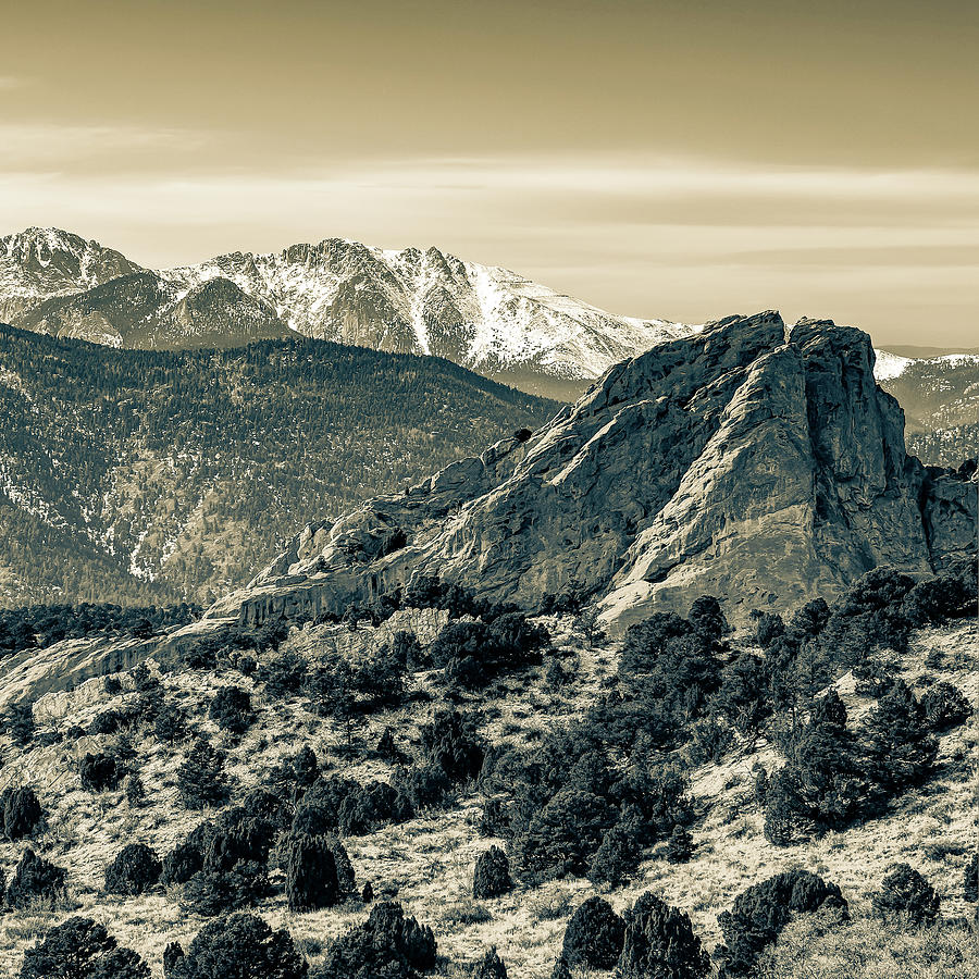 Right Panel 3 of 3 - Pikes Peak Panoramic Mountain Landscape with Garden of the Gods In Sepia Photograph by Gregory Ballos