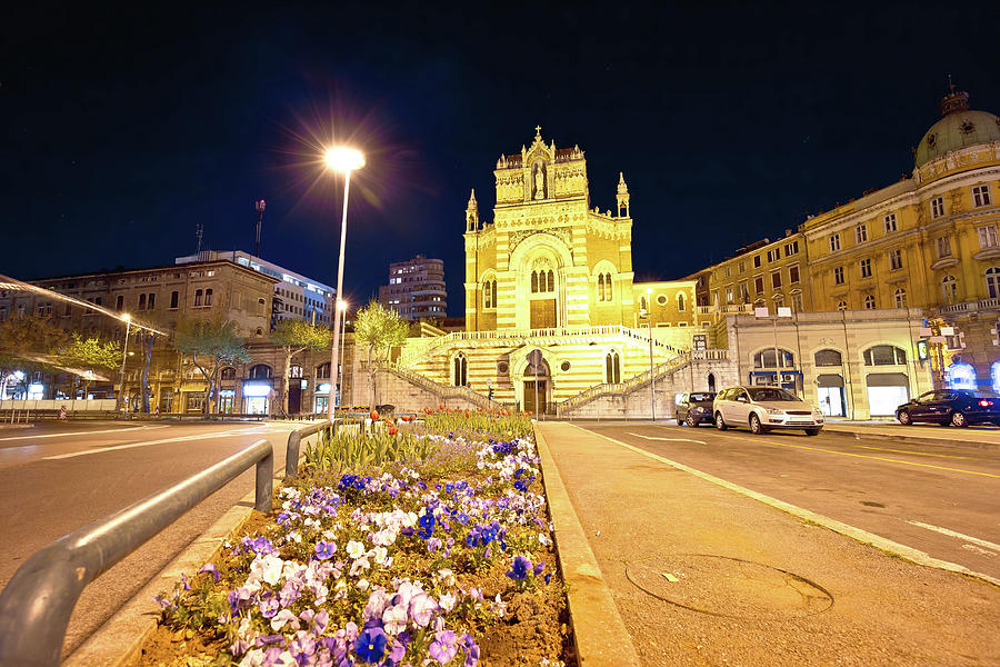 Rijeka church and square evening street view Photograph by Brch Photography