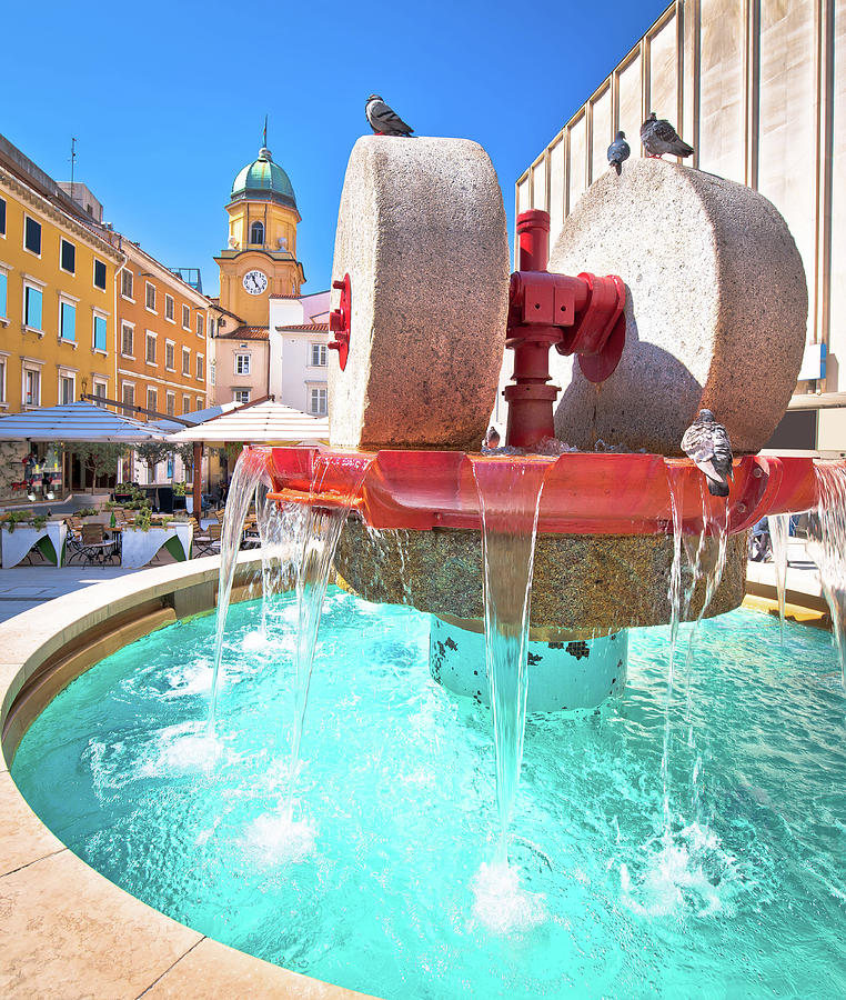 Rijeka square and fountain view with clock tower gate, 2020 Euro Photograph by Brch Photography