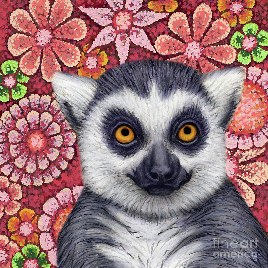 Ring Tailed Lemur Floral Painting by Amy E Fraser