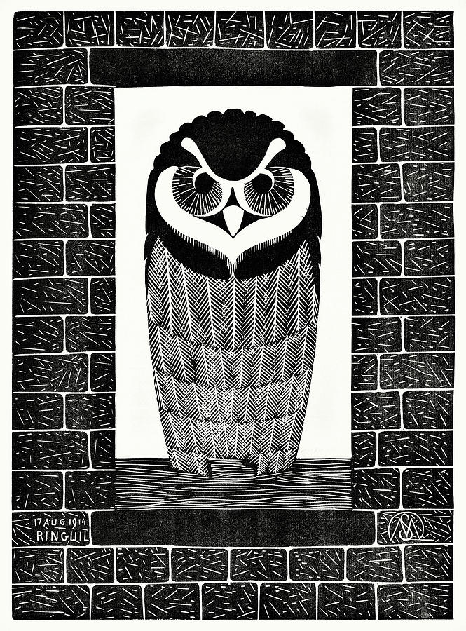 Ringuil, owl -  Black and White Painting by Samuel Jessurun de Mesquita