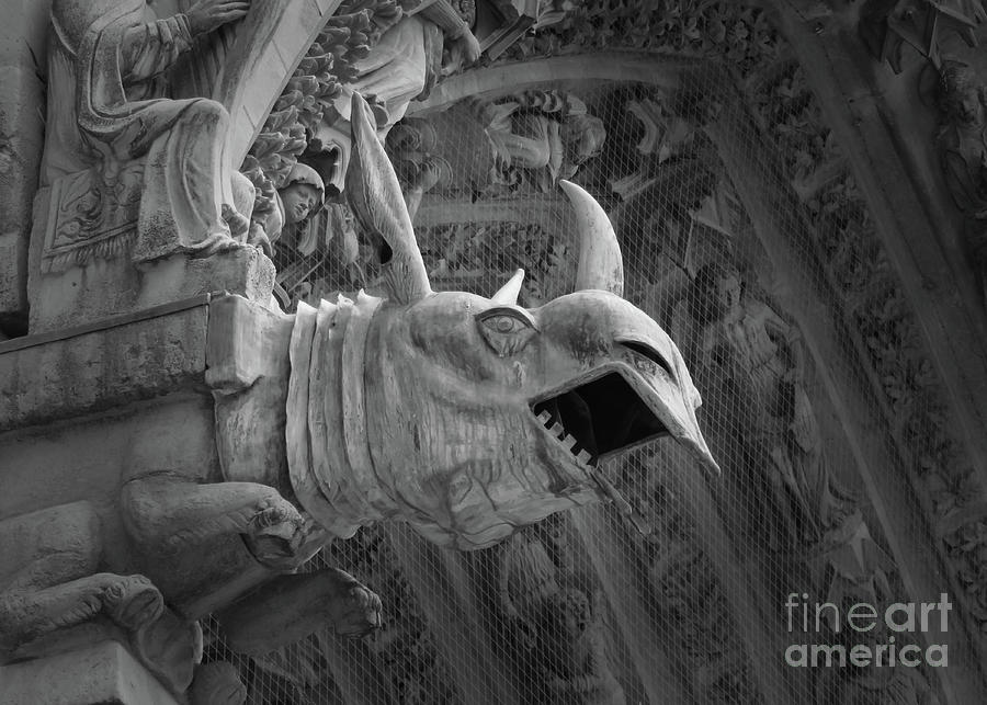 Rino Gargoyle At Riems Notre Dame In Monochrome Photograph