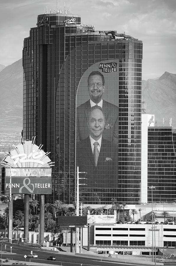 Rio Hotel Casino Tower featuring Penn and Teller Las Vegas Nevada Black and White Photograph by Shawn OBrien