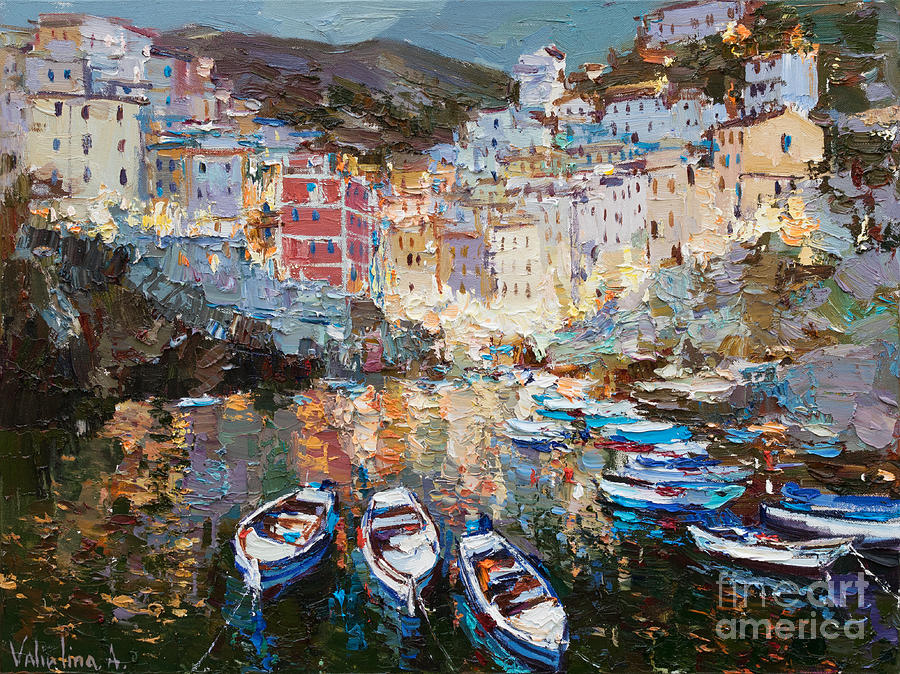 Boat Painting - Riomaggiore, Cinque terre - Italian Landscape painting by Anastasiya Valiulina