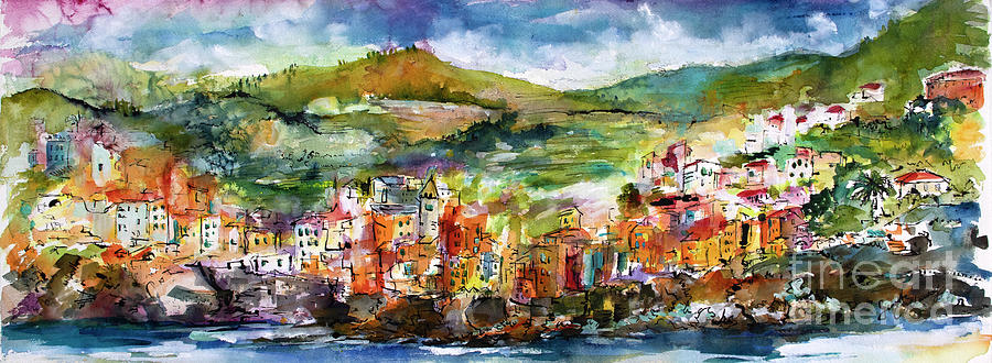 Riomaggiore Panorama Cinque Terre Italy Painting by Ginette Callaway