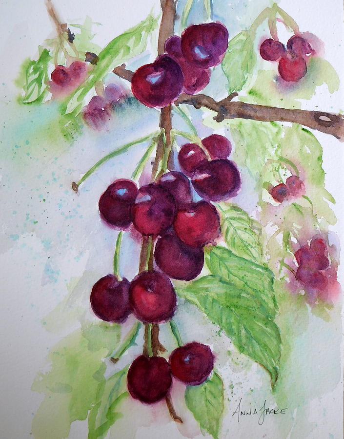 Ripe Cherries on the VIne Painting by Anna Jacke