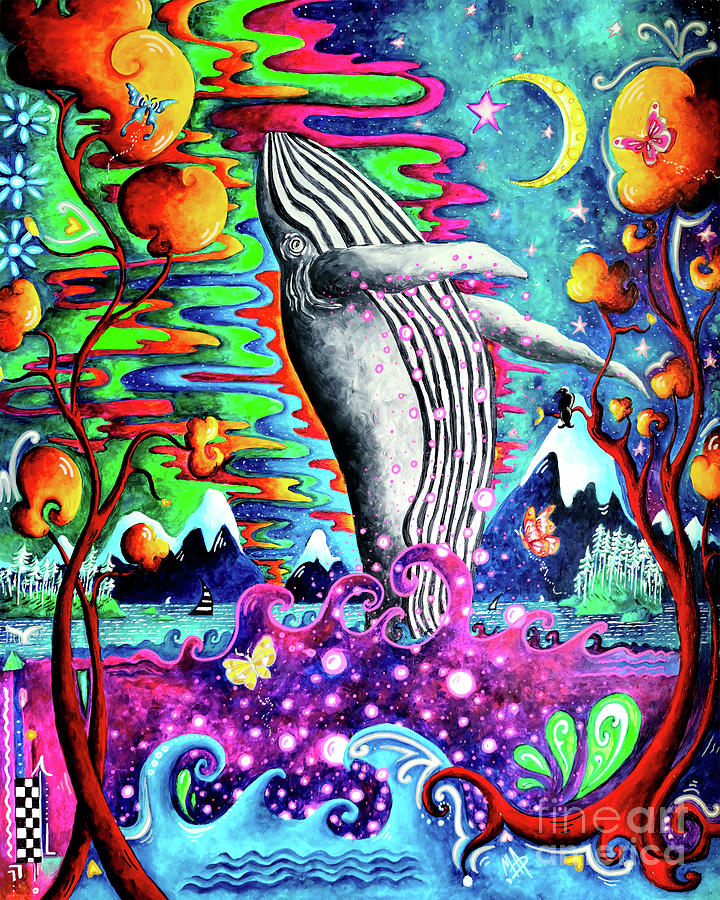Whale Painting - Rise Above Original Alaskan Whale Breaching Northern Lights Painting by Megan Aroon