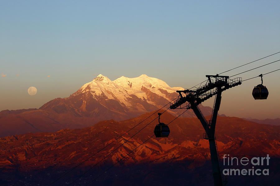 Rising full moon Mt Illimani and cable cars Bolivia Photograph by James Brunker