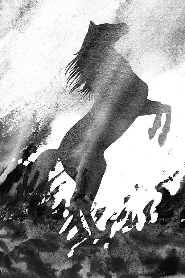 Rising Stallion White Black Gray Watercolor Silhouette  Painting by Irina Sztukowski