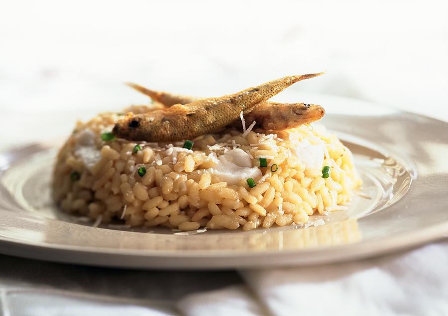Risotto with whitebait, close-up Photograph by Jean-Blaise Hall