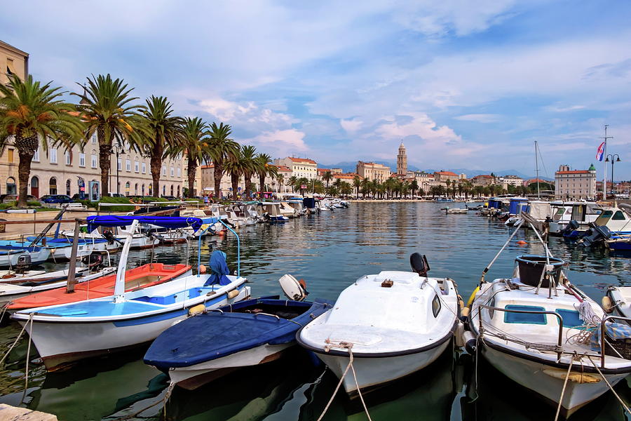 Riva waterfront, houses and Cathedral of Saint Domnius, Dujam, Duje, bell tower Old town, Split, Croatia Photograph by Elenarts - Elena Duvernay photo