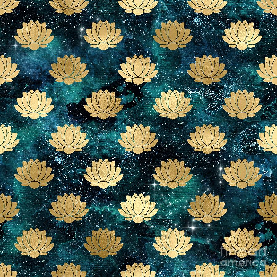 Rivala - Teal Gold Watercolor Lotus Galaxy Dharma Pattern Digital Art by Sambel Pedes