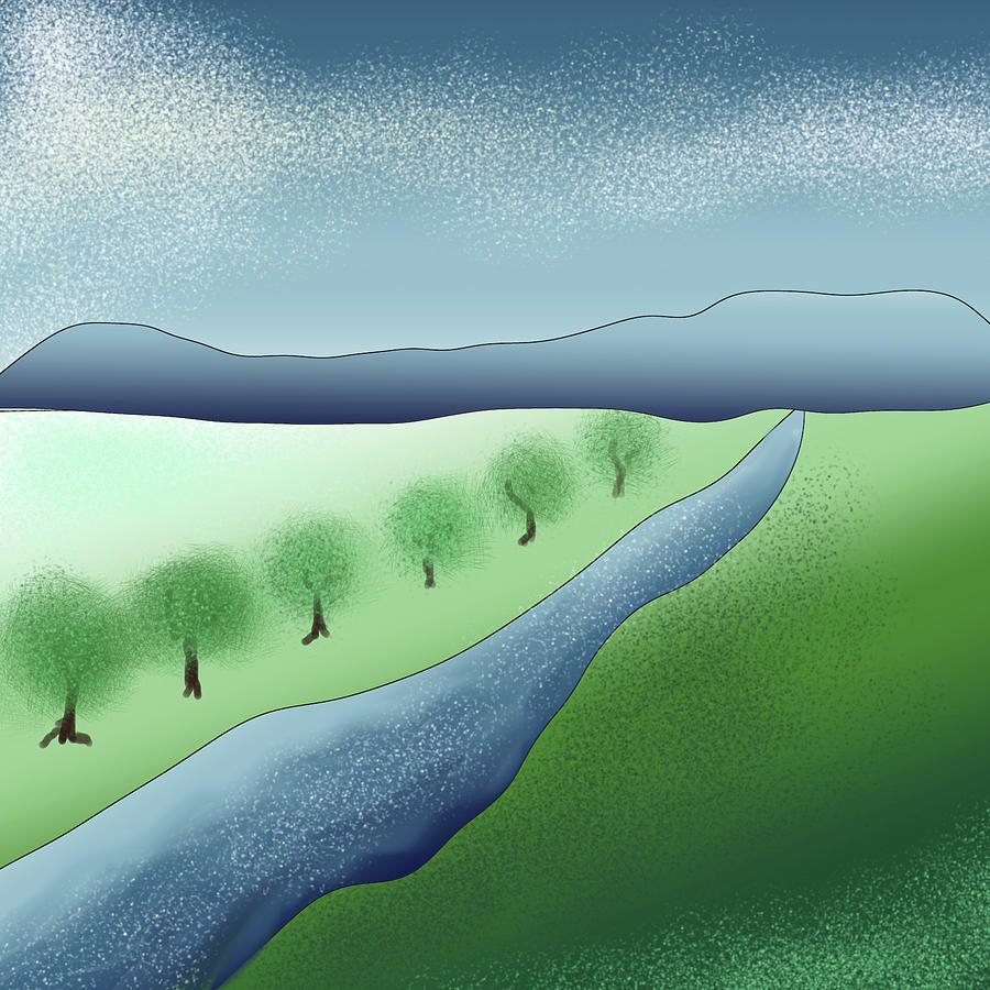 River and Trees Doodle 071723 Digital Art by Mary Bedy