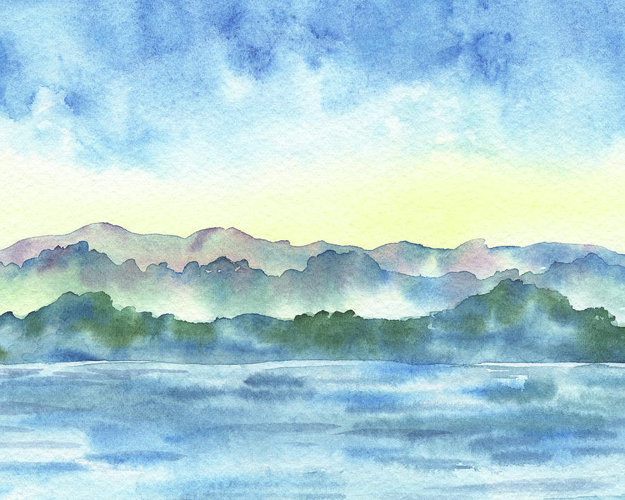 River Bank Watercolor Landscape With Foggy Hills  Painting by Irina Sztukowski