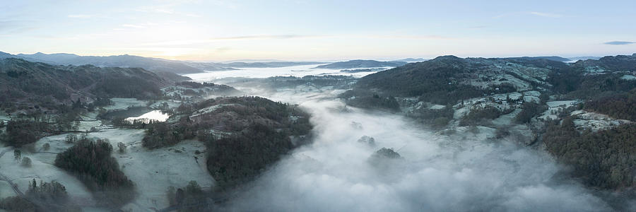 River Brathay and Lake Windermere misty dawn aerial lake district Photograph by Sonny Ryse
