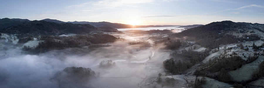 River Brathay and Skelwith Bridge misty aerial lake district sunrise Photograph by Sonny Ryse