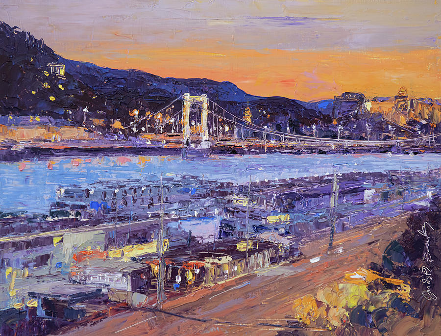 River Danube View with the Elisabeth Bridge Painting by Judith Barath