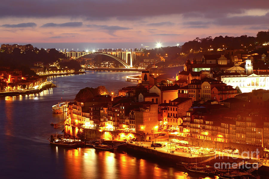 Sunset Photograph - River Douro and Ribeira Old Town after sunset Porto Portugal by James Brunker