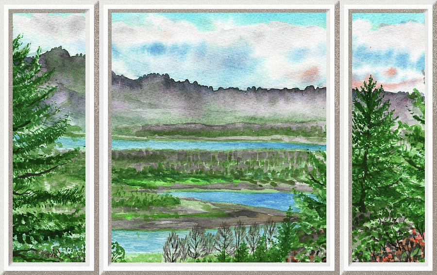 River House Window View Meditative Landscape With Calm Waters And Hills Watercolor I Painting by Irina Sztukowski