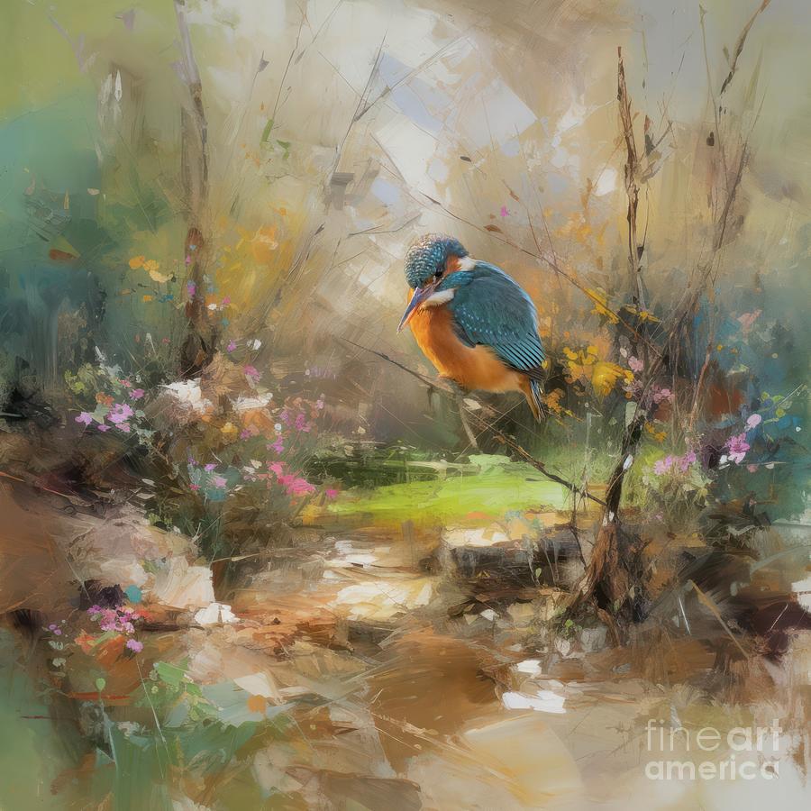 Wildlife Mixed Media - River Kingfisher in Spring by Eva Lechner