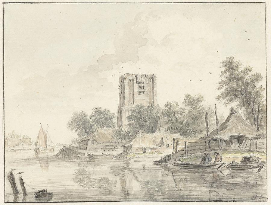 River landscape with a large blunt church tower, Hendrik Spilman, 1733 - Painting by MotionAge Designs
