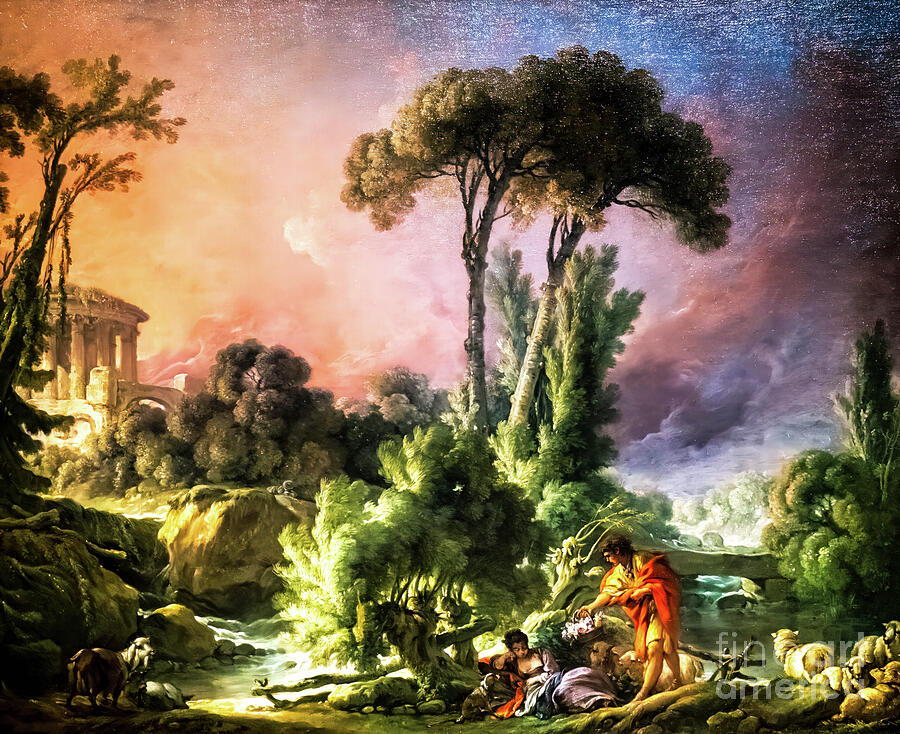River Landscape with an Antique Temple by Francois Boucher 1762 Painting by Francois Boucher