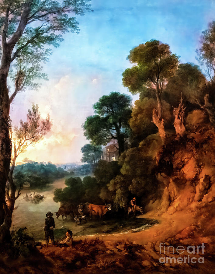 River Landscape with Cattle Watering and Ferry Boat by Thomas Ga Painting by Thomas Gainsborough