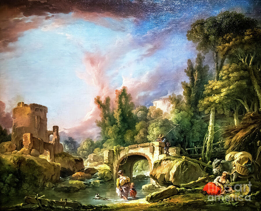 River Landscape with Ruin and Bridge by Francois Boucher 1762 Painting by Francois Boucher