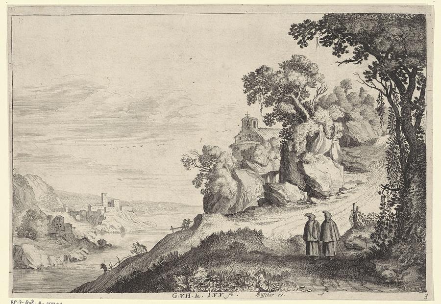 River landscape with two monks on a mountain path near a chapel, Jan van de Velde Painting by MotionAge Designs