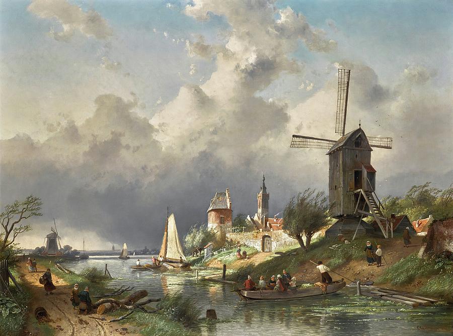 River Landscape With Windmill 1868 Painting by Charles Leickert