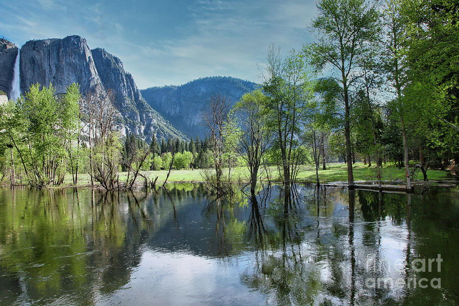 River Reflections Yosemite Falls Color Pano  Photograph by Chuck Kuhn