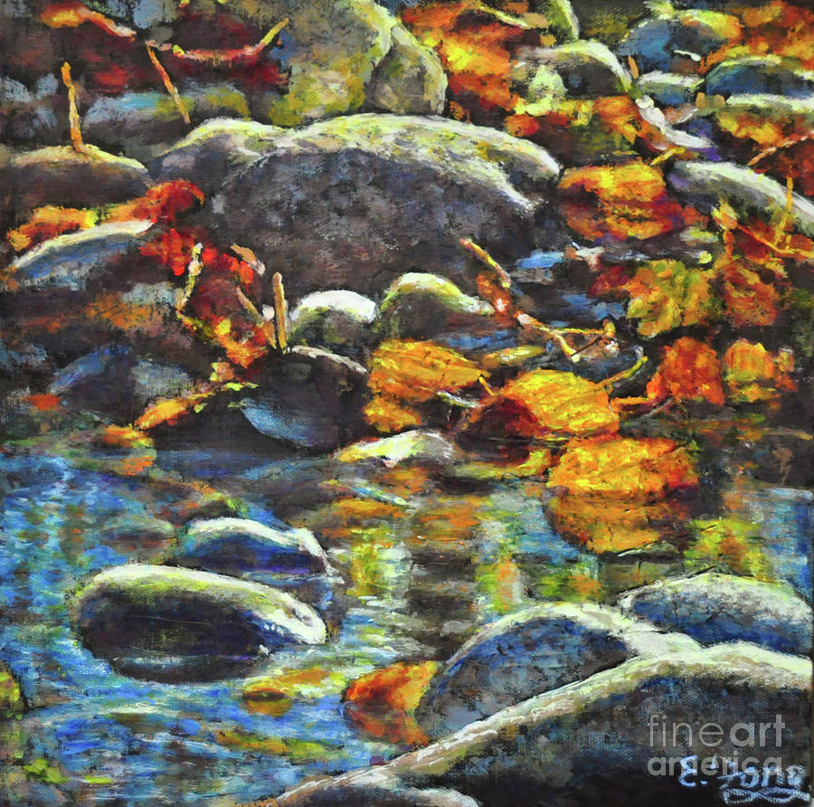River Rock with Autumn Leaves Painting by Eileen  Fong